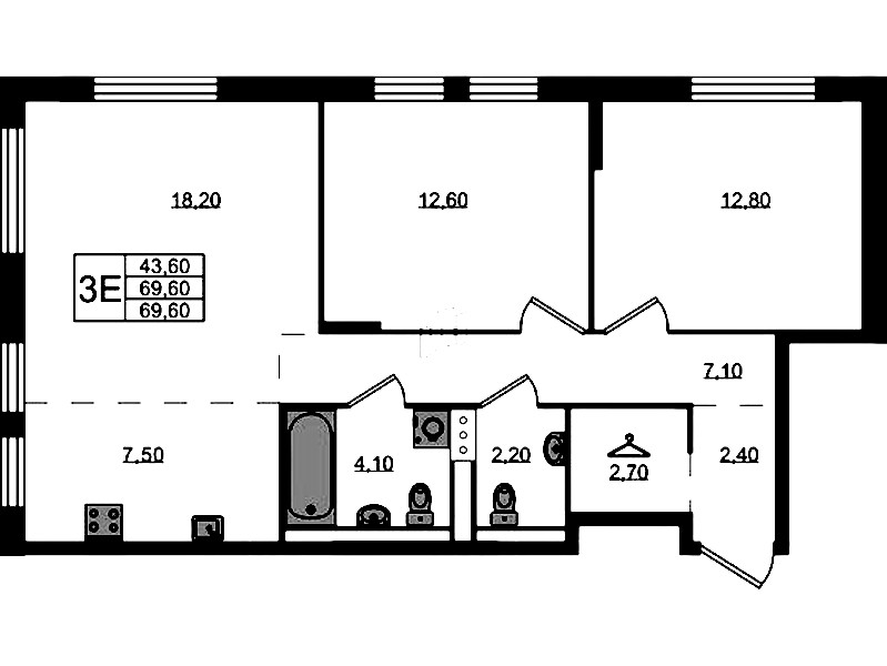 2-комнатная квартира 69.6 м², 1/8 эт., ЖК «Курортный квартал»